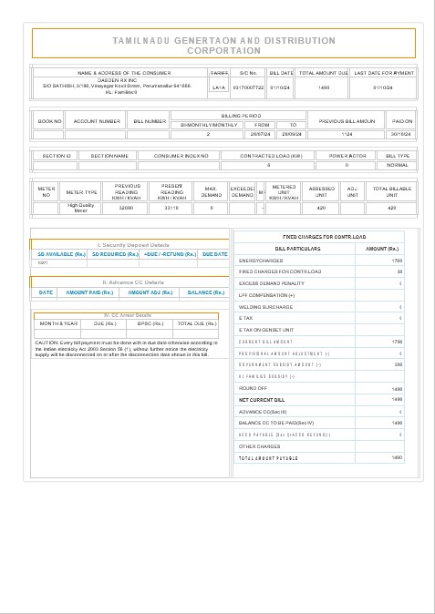 INDIA TAMILNADU business utility bill Word and PDF template PSD template